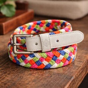 Vintage 1980s Liz Claiborne Braided Belt | Multicolor Cotton White Leather Trim